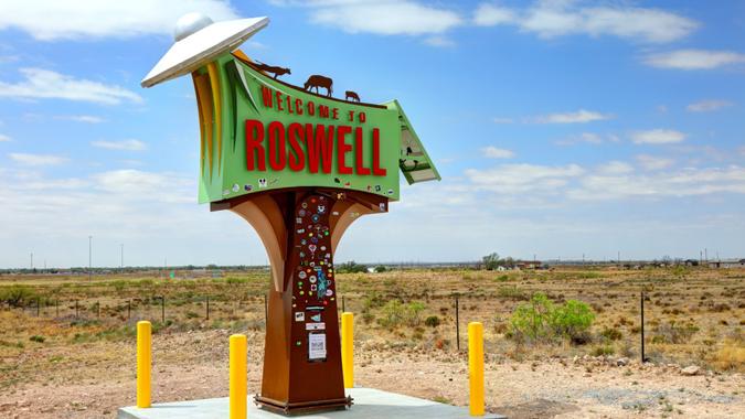 Roswell, New Mexico, USA - April 19, 2018: Daytime view of the Roswell Welcome Sign erected by fabricator Damon Chefchis marking the start of the otherworldly city.