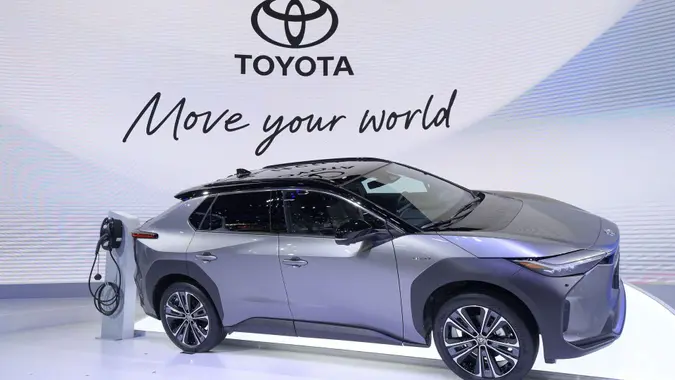 Mandatory Credit: Photo by Vachira Vachira/NurPhoto/Shutterstock (12861714k)EV Toyota bZ4X electric vehicle (EV) displayed during the 43rd Bangkok International Motor Show at Impact Muang Thong Thani on March 22, 2022 in Bangkok, Thailand.