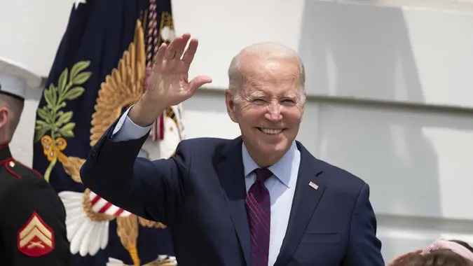 Mandatory Credit: Photo by Shutterstock (13889723x)United States President Joe Biden waves during a Take Your Child To Work Day greet on the South Lawn of the White House in Washington, DC.