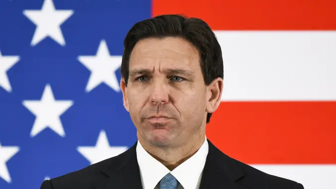 Mandatory Credit: Photo by Paul Hennessy/SOPA Images/Shutterstock (13894880r)Florida Governor Ron DeSantis speaks at a press conference at the American Police Hall of Fame & Museum in Titusville.