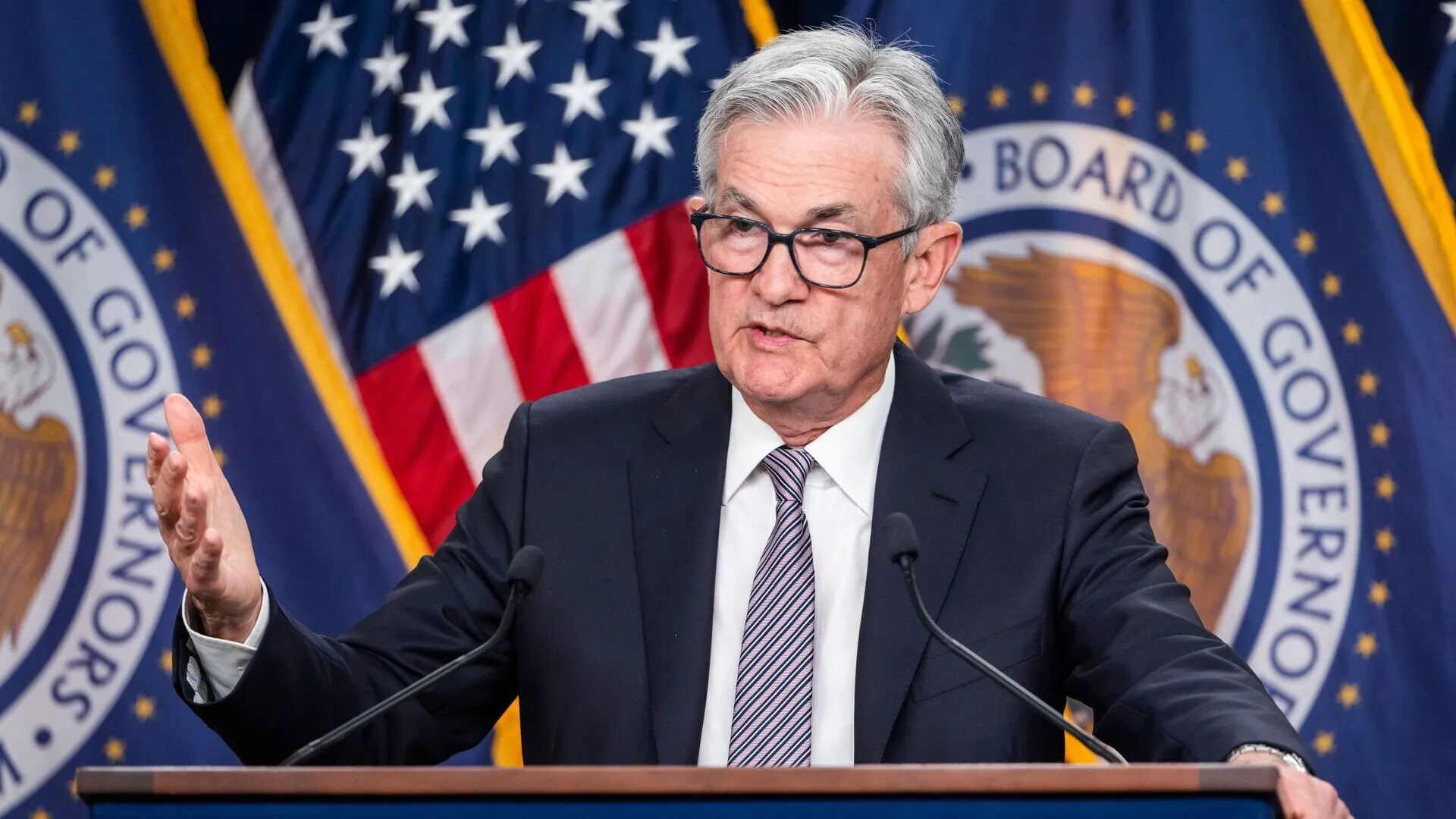 Mandatory Credit: Photo by JIM LO SCALZO/EPA-EFE/Shutterstock (13898324q)Federal Reserve Board Chairman Jerome Powell holds a news conference after the Fed decided to raise interest rates by a quarter of a percentage point at the William McChesney Martin Jr.