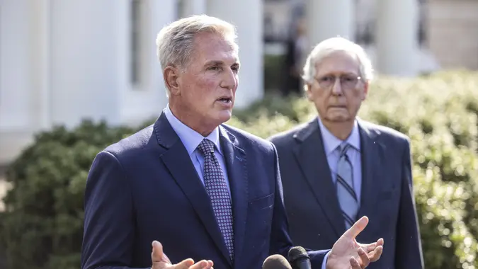 Mandatory Credit: Photo by JIM LO SCALZO/EPA-EFE/Shutterstock (13906257l)Republican Speaker of the House Kevin McCarthy (L) and Senate Minority Leader Mitch McConnell (R) speak to the media after meeting with President Biden on the debt limit outside the White House in Washington, DC USA, 09 May 2023.