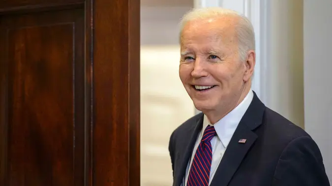 Mandatory Credit: Photo by Shutterstock (13906321n)United States President Joe Biden arrives to speak with the press in the Roosevelt Room of the White House after meeting with Speaker of the US House of Representatives Kevin McCarthy (Republican of California), US House Minority Leader Hakeem Jeffries (Democrat of New York), US Senate Majority Leader Chuck Schumer (Democrat of New York), and US Senate Minority Leader Mitch McConnell (Republican of Kentucky) in the Oval Office to discuss the debt limit.