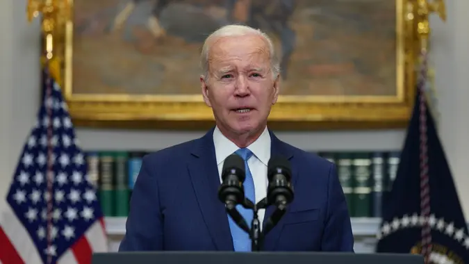 Mandatory Credit: Photo by Shutterstock (13917719d)United States President Joe Biden speaks in the Roosevelt Room of the White House in Washington, DC, US,.