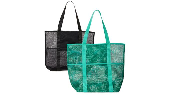 Time and Tru Women's Mesh Beach Tote Bag, 2-Pack Palm Mint Chip / Black