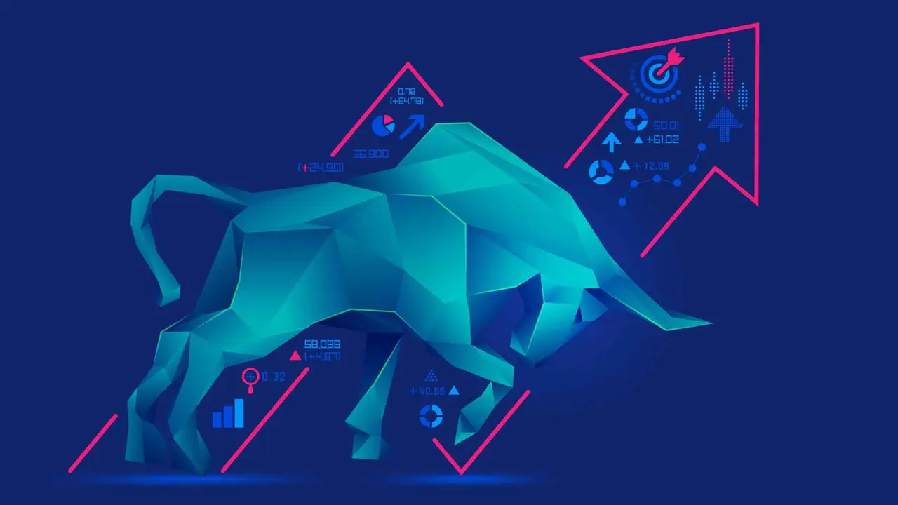 concept of bullish in stock market exchange, graphic of low poly bull with increasing graph.