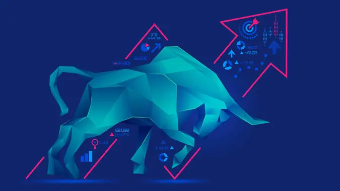 concept of bullish in stock market exchange, graphic of low poly bull with increasing graph.