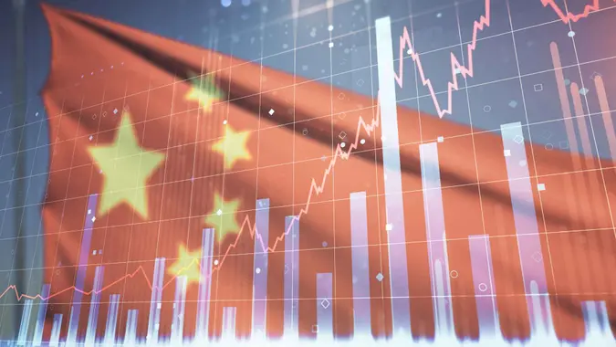 Multi exposure of virtual abstract financial graph interface on Chinese flag and sunset sky background, financial and trading concept.