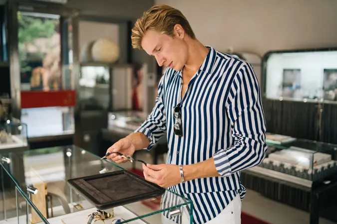 He stands in a jewellery store.