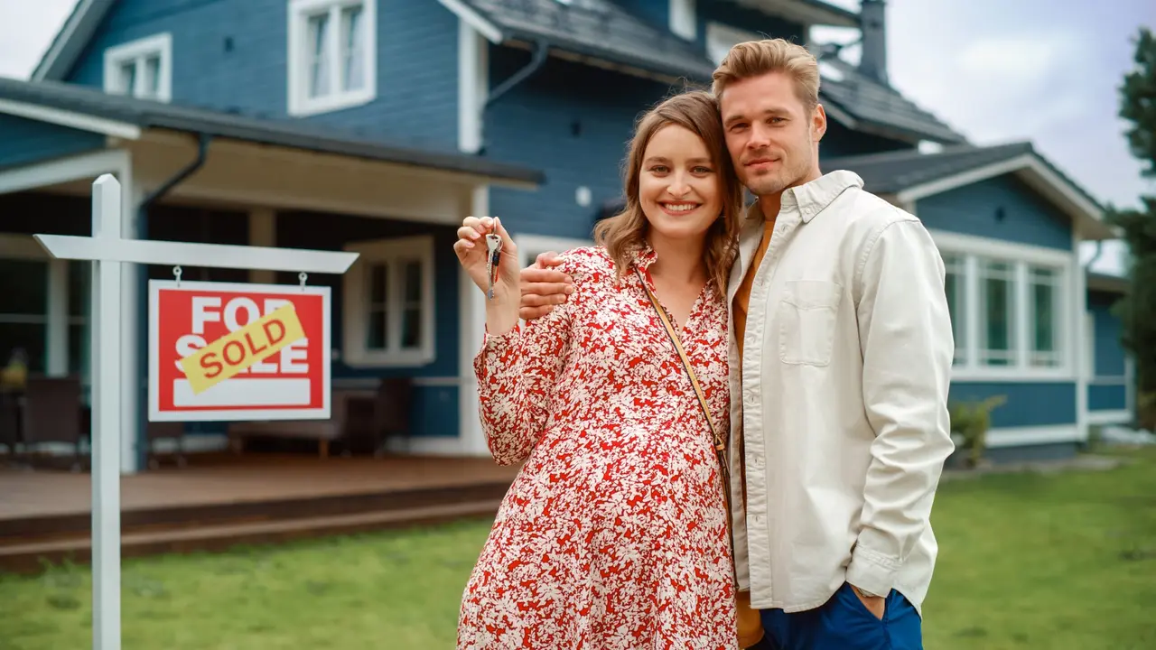 Portrait of a Beautiful Young Couple in Love Standing in Front Their New Home.