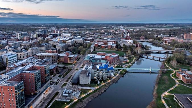 Aerial view of University of Iowa in Iowa City at Sunrise.