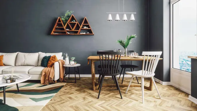Scandinavian style living and dining room.