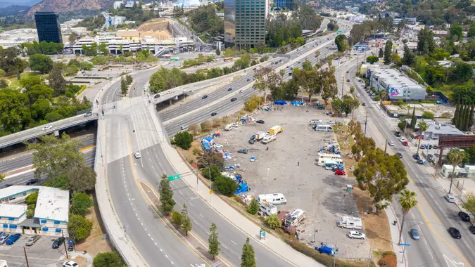 Aerial view of homeless encampment in Los Angeles stock photo