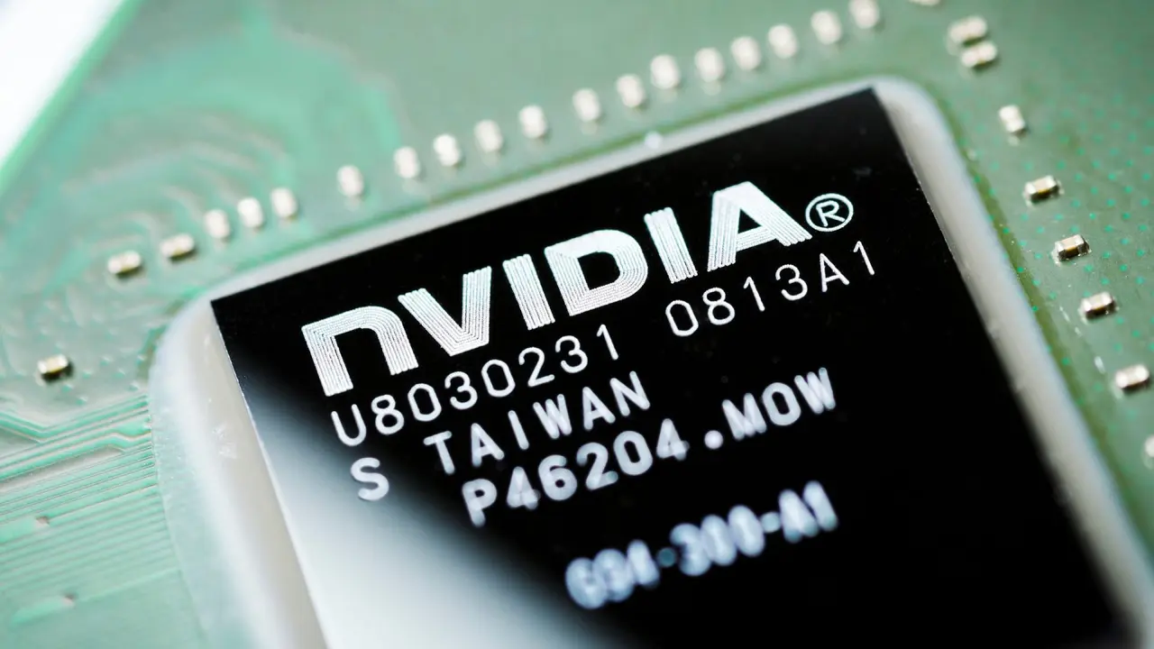 Moscow, Russia - April 7, 2019: NVIDIA microchip on the motherboard, close-up.