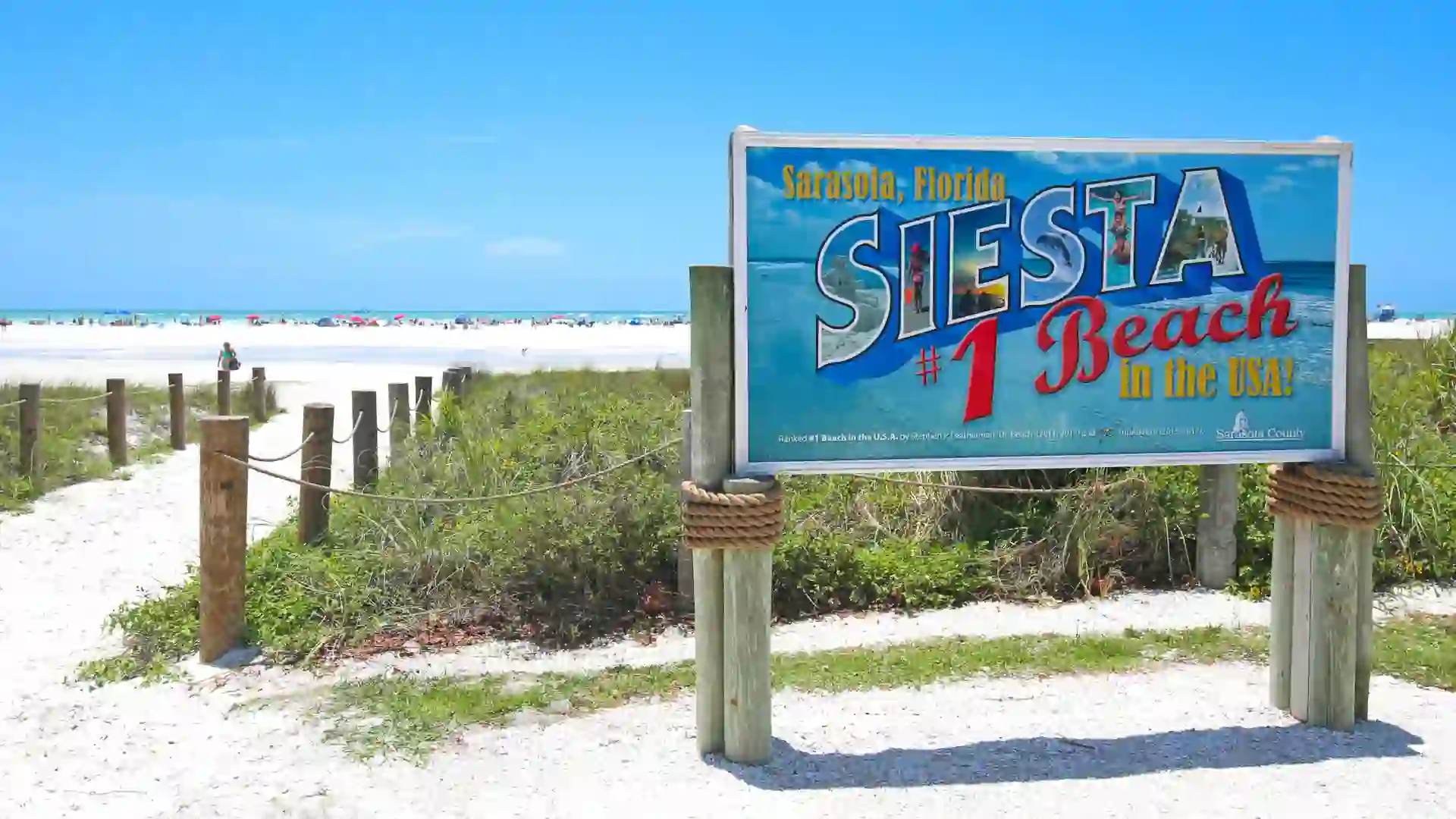 Sarasota, Florida, USA - May 17, 2018Siesta Key Beach Tourism Welcome SignSign in Sarasota, Florida describing the popularity and number one ranking of Siesta Key Beach according to Dr.