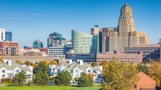 Residential district with townhouses in downtown Buffalo New York USA on a sunny day.