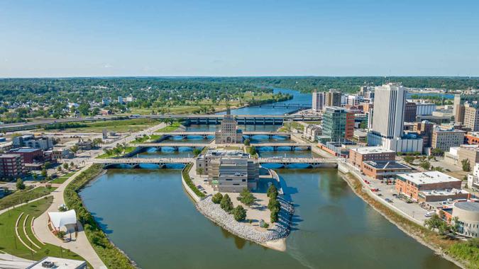 Aerial View of Cedar Rapids Iowa Downtown.