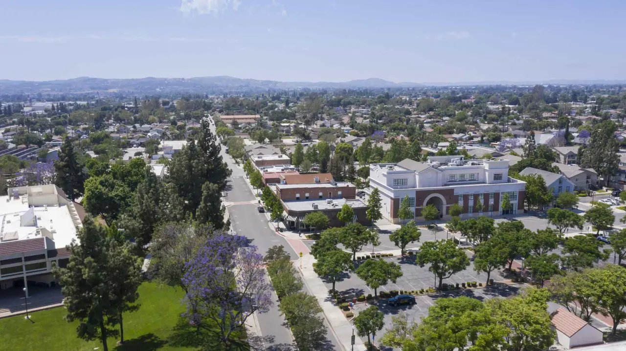 Aerial view of the downtown public civic center of Chino, California, USA.