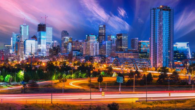 Beautiful Denver skyscraper at night, Denver, Colorado, USA.