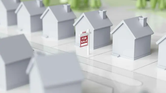 Open House Real Estate For Sale - 3D render of new neighborhood or subdivision with real estate sign "For Sale".