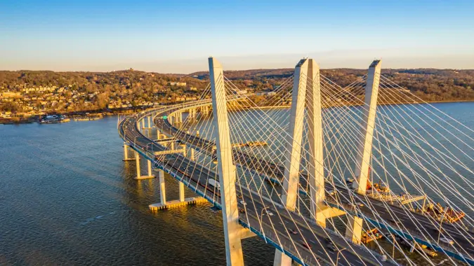 Aerial view of the New Tappan Zee Bridge, spanning Hudson River between Nyack and Tarrytown on late sunny afternoon.