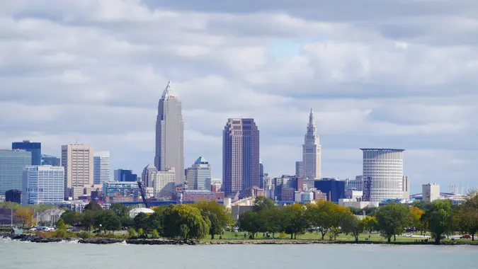 View of Cleveland Ohio over Lake Erie.