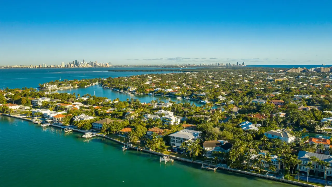 aerial drone view of Key Biscayne, Miami, Florida with downtown Miami in the back.