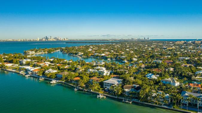 aerial drone view of Key Biscayne, Miami, Florida with downtown Miami in the back.