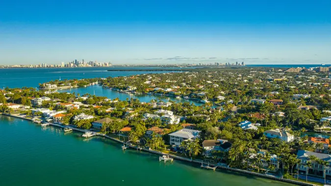 aerial drone view of Key Biscayne, Miami, Florida with downtown Miami in the back.