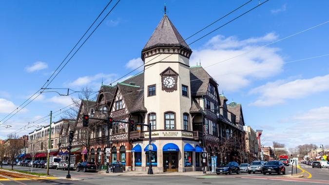 Brookline, Massachusetts, USA - April 2, 2021: View of the S.