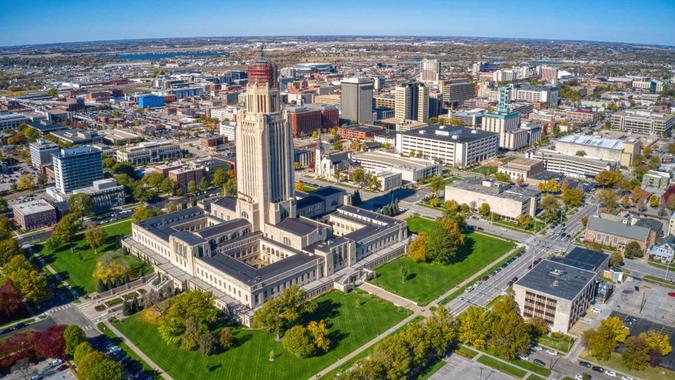 Aerial View of Lincoln, Nebraska in Autumn.