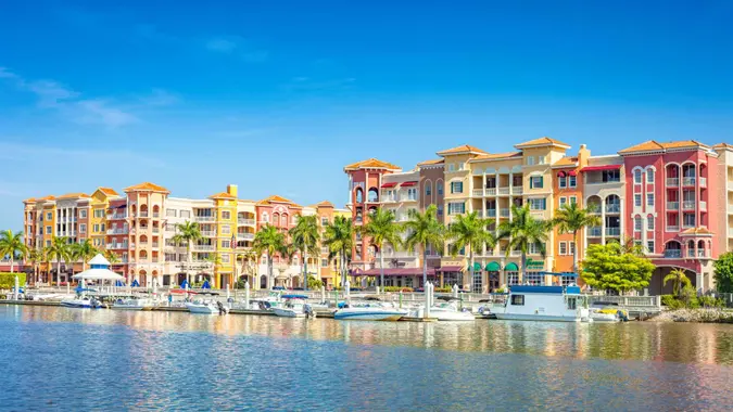 Condos and marina in Naples, Florida, USA on a sunny day.