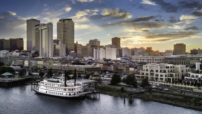 New Orleans River Paddle boat colorful sky stock photo