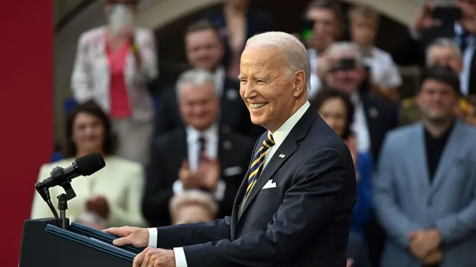 Mandatory Credit: Photo by FILIP SINGER/EPA-EFE/Shutterstock (14007884c)US President Joe Biden delivers a speech at the Vilnius University during the NATO summit in Vilnius, Lithuania, 12 July 2023.