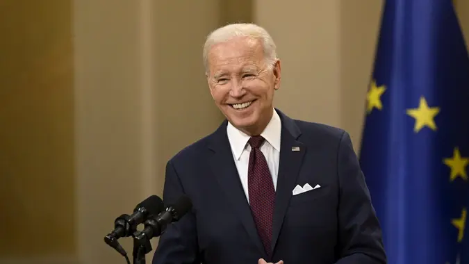 Mandatory Credit: Photo by Antti Aimo-Koivisto/Shutterstock (14008533ai)US President Joe Biden reacts during his joint press conference with Finnish President Sauli Niinisto (not pictured) at the Presidential Palace in Helsinki, Finland, on July 13, 2023.