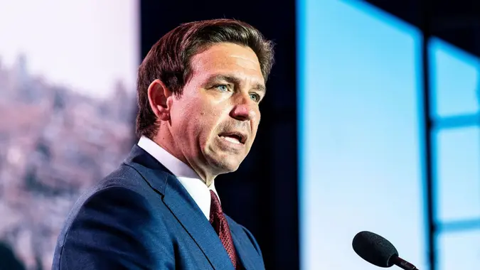 Mandatory Credit: Photo by Michael Brochstein/SOPA Images/Shutterstock (14013093af)Florida Governor Ron DeSantis (R-FL) speaking at the Christians United for Israel (CUFI) conference at the Crystal Gateway Marriott in Arlington.