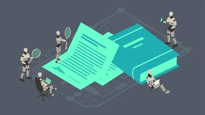 Five robots gather around an oversized contract and hardcover law book using their own laptops, a tablet, and oversized magnifying glasses, illustrating the concept of law or paralegal work being performed by artificial intelligence.