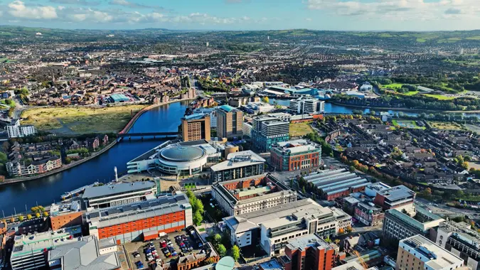 Aerial photo of Belfast Cityscape Northern Ireland.