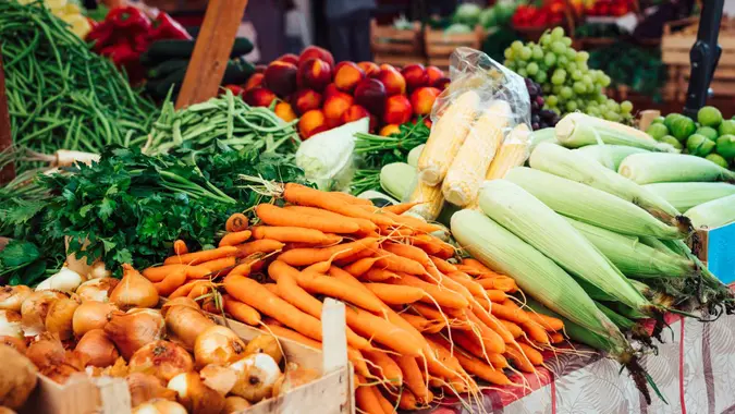 Fresh vegetables for sale on market stallDubrovnik, Croatia.
