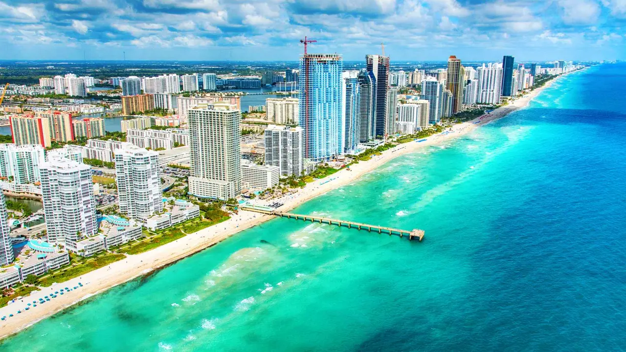 Aerial view of the hotels along the coast of South Florida.