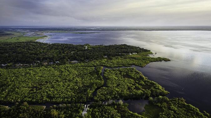 Aerial shot of Lake Monroe from Deltona Florida.