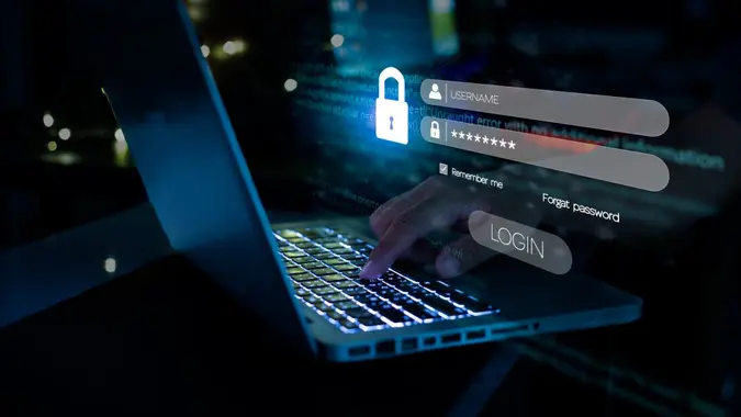 Businesswoman typing login and password cybersecurity concept Data protection and secure internet access cyber security.