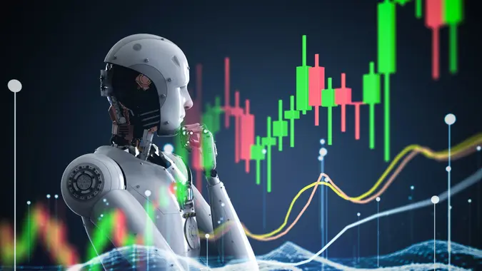 Financial technology concept with 3d rendering robot analyze stock market big data.