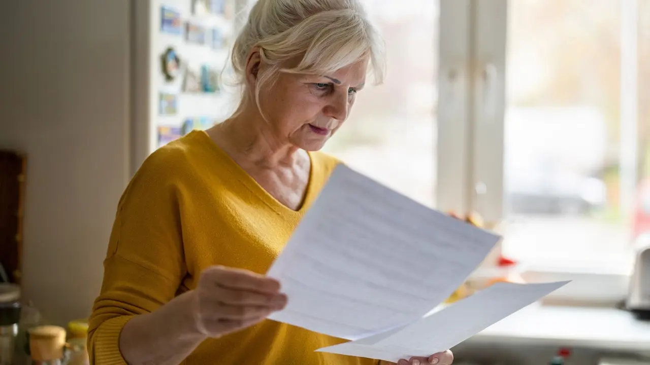 Senior woman filling out financial statements stock photo