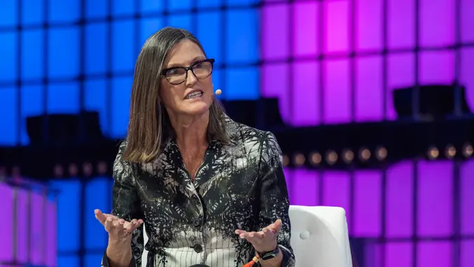 Mandatory Credit: Photo by Hugo Amaral/SOPA Images/Shutterstock (13606094j)CEO & Chief Investment Officer of ARK Invest, Cathie Wood, addresses the audience at Altice Arena Centre Stage during the second day of the Web Summit 2022 in Lisbon.