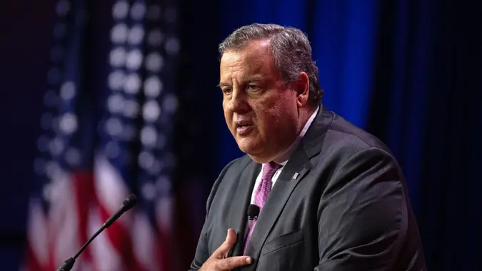 Mandatory Credit: Photo by Shutterstock (13981784bf)Former Governor Chris Christie (Republican of New Jersey), a candidate for the 2024 Republican nomination for President of the US, makes remarks at the 2023 Faith and Freedom Coalition's Road to Majority Policy Conference at the Washington Hilton Hotel in Washington, DC.