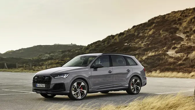Audi Q7 parked in an open area for stock photo. Static photo,Colour: Nardo Grey.