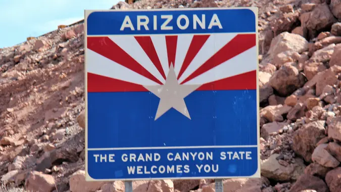 Welcome to Arizona sign, the Grand Canyon State Welcomes You. stock photo