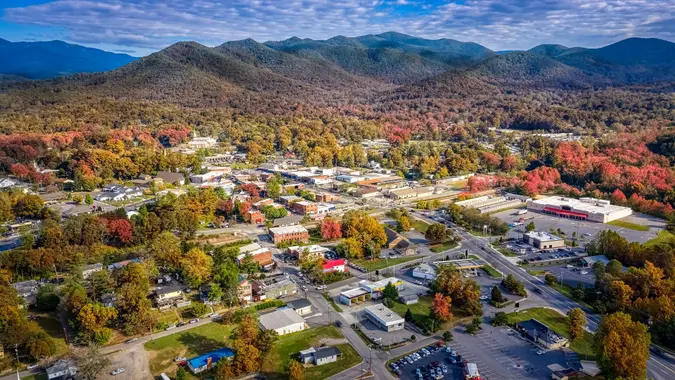 Aerial view picturesque Asheville neighborhood during the Fall with colors starting to show stock photo