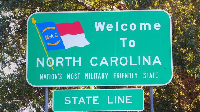 Welcome to North Carolina road sign stock photo